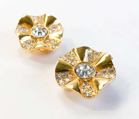 1980s Gold & Rhinestone Earrings | 80s Gold Flower