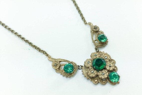 1930s Green Glass Flower Necklace | 30s Brass Flow