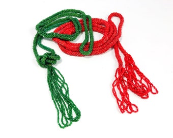 1920s Beaded Rope Necklace | 20s Red &Green Glass Beaded Long Necklace | Deco Flapper Necklace