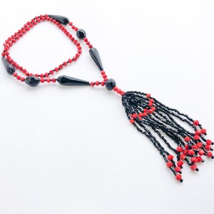 1920s Red & Black Beaded Necklace 20s Beaded Rope Necklace Flapper Necklace image 2
