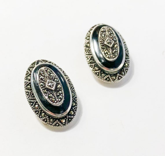 1980s Silver Marcasite Earrings |80s Silver & Mar… - image 2