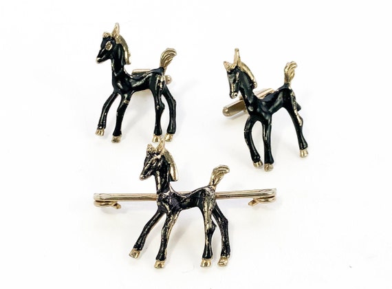 1940s Black Horse Cufflinks Set | Vintage Cufflin… - image 1