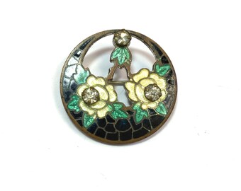 1930s Cloisonné Enamel Flower Pin | 30s Green Yellow Enamel Pin