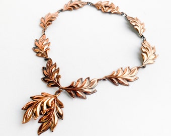 1950s Copper Leaf Necklace | 50s Copper Pendant Necklace