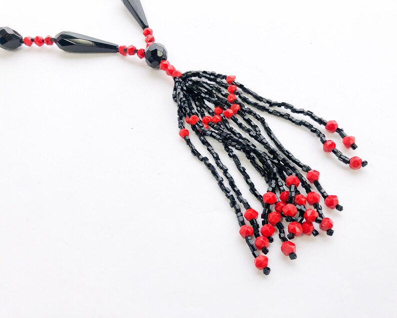 1920s Red & Black Beaded Necklace 20s Beaded Rope Necklace Flapper Necklace image 6