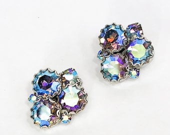 1950s  Rhinestone Aurora Borealis Earrings | 50s Silver Aurora Borealis Rhinestone Clips