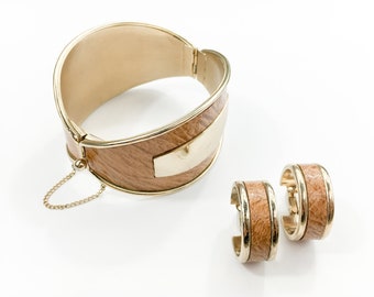 1960s Bergere Leather Cuff Bracelet Set | Vintage Hinge Bracelet & Earring