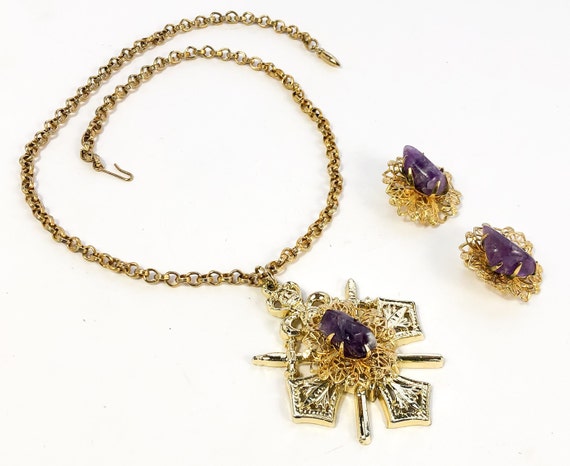 Coro | 1960s Gold & Purple Necklace Earrings Set … - image 4