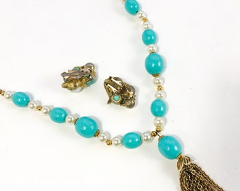 Collier Vintage Perles Blanches Et Turquoise Irisée 60cm - Occasion