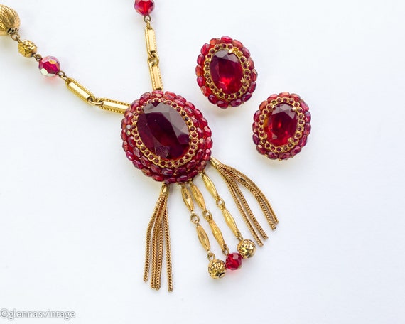 1950s Red Gold Necklace & Earrings Set | 50s Red … - image 3