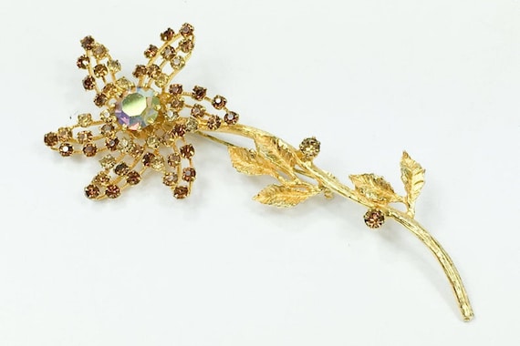 1960s Gold Rhinestone Flower Brooch | 60s Bronze … - image 1