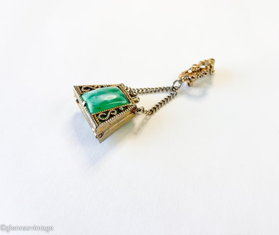1940s Green Glass Purse Brooch | 40s Brass Purse … - image 5