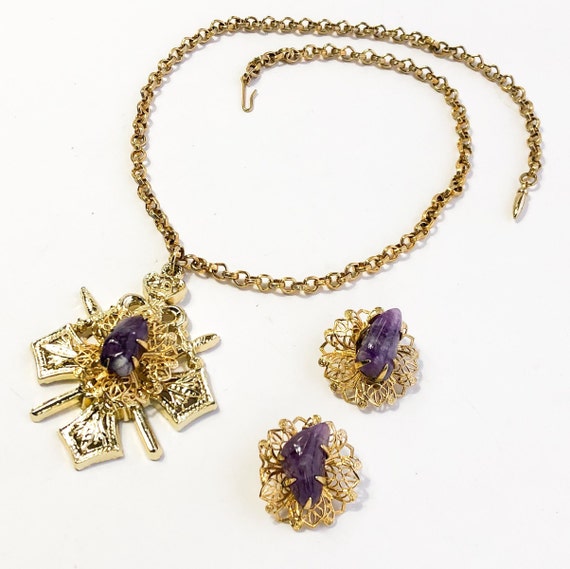 Coro | 1960s Gold & Purple Necklace Earrings Set … - image 3