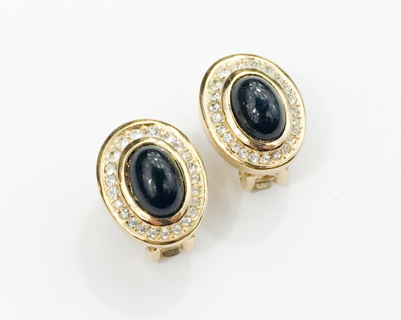 1980s Black & Gold Rhinestone Earrings | 80s Gold