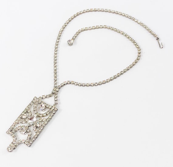 50s Rhinestone Necklace Vintage 1950s 1960s White Crystal Silver Choker Collar Bib Costume Jewelry Wedding Prom Bridal Evening Cocktail