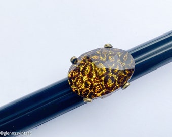 1950s Black & Gold Glass Statement Ring | 50s Gold Glass Cocktail Ring | Adjustable Size