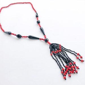 1920s Red & Black Beaded Necklace 20s Beaded Rope Necklace Flapper Necklace image 7