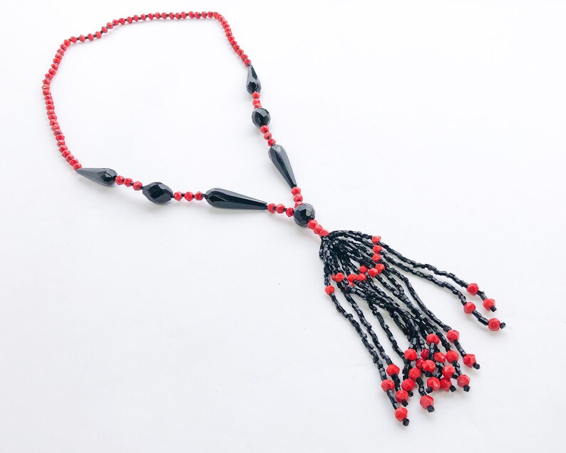 1920s Red & Black Beaded Necklace 20s Beaded Rope Necklace Flapper Necklace image 7