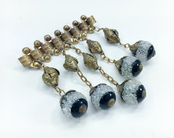 1900s Brass Filigree & Glass Bar Brooch | Brass Frosted Glass Balls Brooch