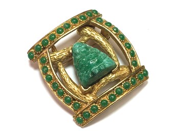 1950s Green Peking Glass Buddha Brooch | Vintage Gold Tone Square & Trimmed Beads