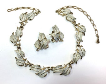 1960s Emmons Silver & Gold Leaf Jewelry Set | Vintage Silver Leaves Necklace Clip Earrings