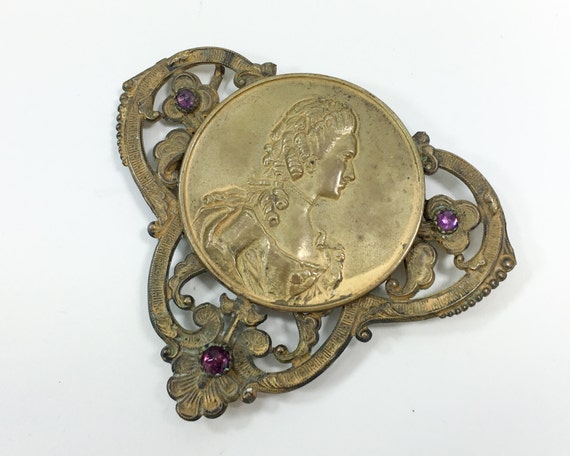 1900s Brass Belt Buckle | Antique Brass Cameo Rhi… - image 3