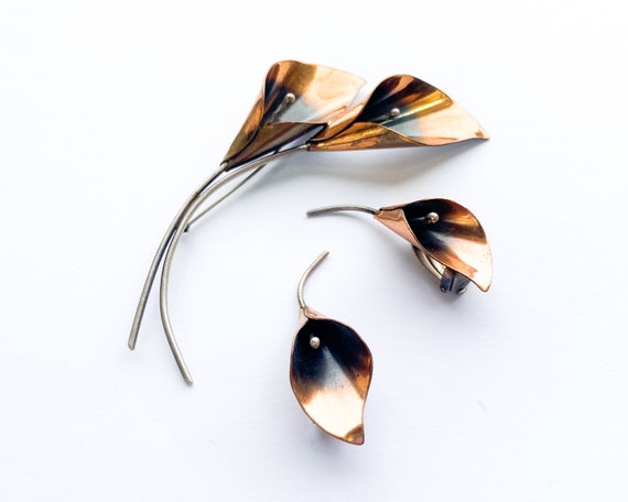 1950s Copper Flower Brooch & Earrings Set | 50s C… - image 4