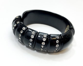 1950s Black Clamper Bracelet | 50s Black Lucite & Rhinestone Bracelet