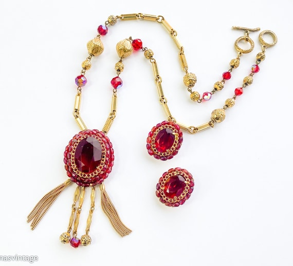 1950s Red Gold Necklace & Earrings Set | 50s Red … - image 1