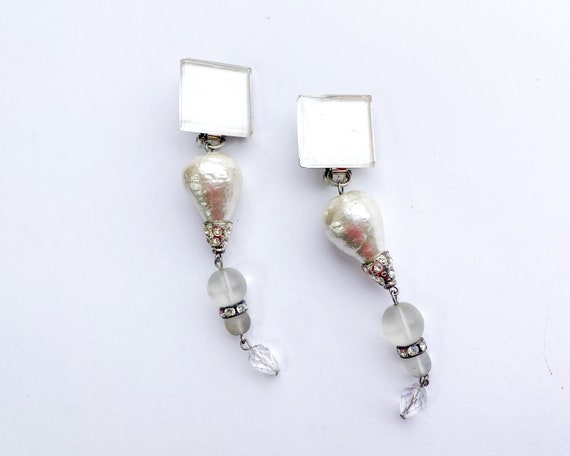 1980s Long Glass Dangle Earrings | 80s Pearl & Gl… - image 3