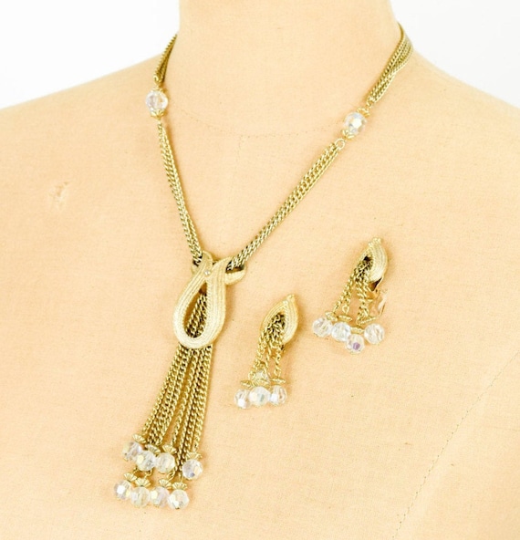 1950s Gold Pendent Necklace Earrings Set | 50s Cr… - image 1