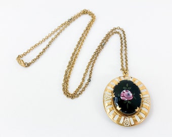 1950s Black & Gold Pendant Necklace | 50s Black Glass Enamel Flower Pendent
