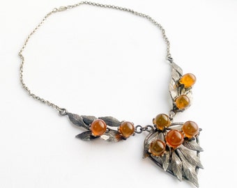 1930s Silver Pendant Necklace | 30s Silver Leaves Necklace