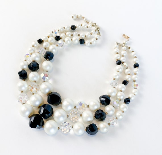 1950s Black & White Beaded Necklace | 50s Multi S… - image 1