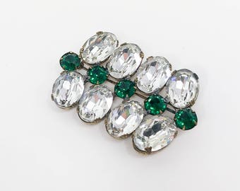 1930s Large Ovals Crystal Brooch | Vintage Glass & Green Rhinestone Brooch