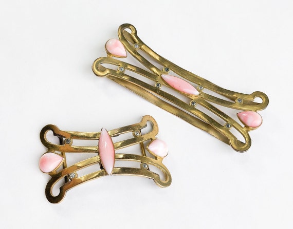 1930s  Gold & Pink Glass Belt Buckle Set | 30s Br… - image 2