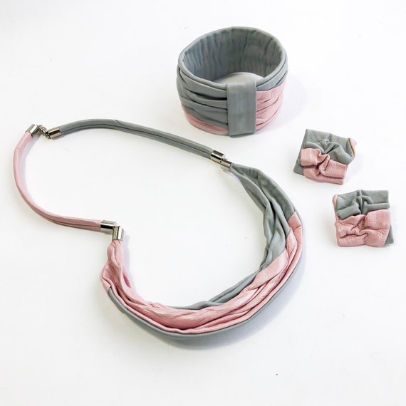 1990s Pink & Gray Leather Jewelry Set | 90s Pink … - image 1