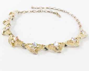 1950s Gold & Rhinestone Necklace | 50s Rhinestone Brushed Gold Link Choker