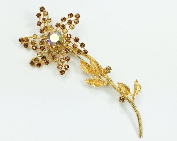 1960s Gold Rhinestone Flower Brooch | 60s Bronze … - image 3