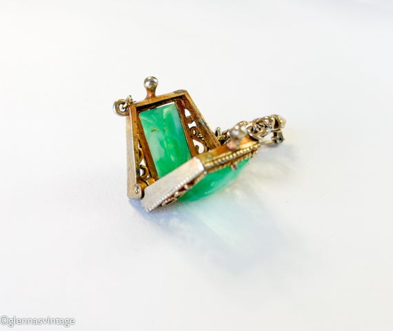 1940s Green Glass Purse Brooch | 40s Brass Purse … - image 7
