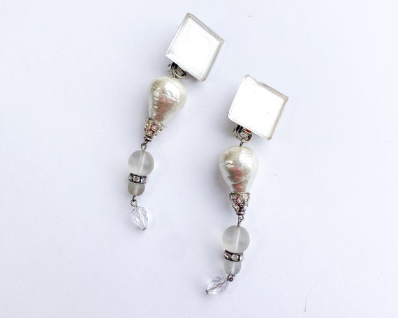 1980s Long Glass Dangle Earrings | 80s Pearl & Gl… - image 7