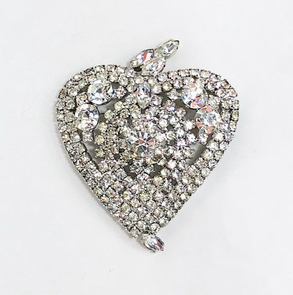 1950s Rhinestone Heart Brooch | 50s Rhinestone Hea