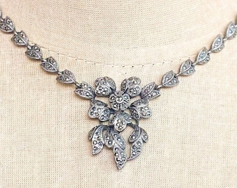 1940s Silver Marcasite Necklace | 40s Silver Marcasite Pendant Necklace | Marcasite Choker