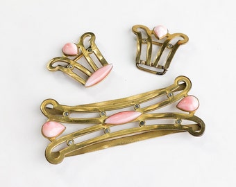 1930s  Gold & Pink Glass Belt Buckle Set | 30s Brass Sash Buckle Set | Art Nouveau