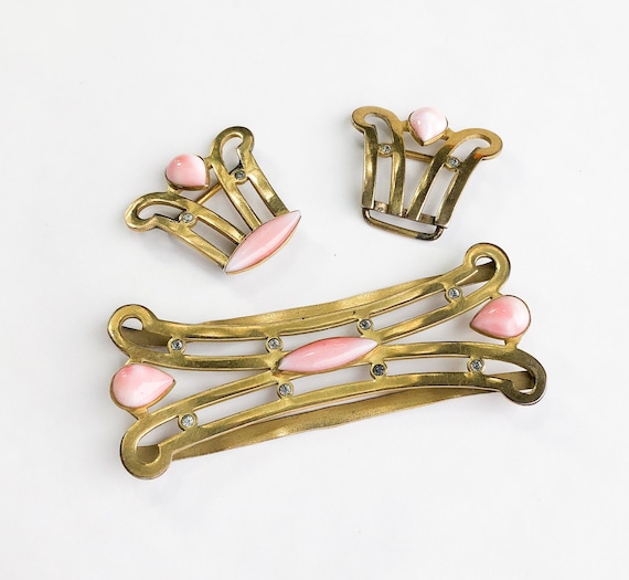 1930s  Gold & Pink Glass Belt Buckle Set | 30s Br… - image 1