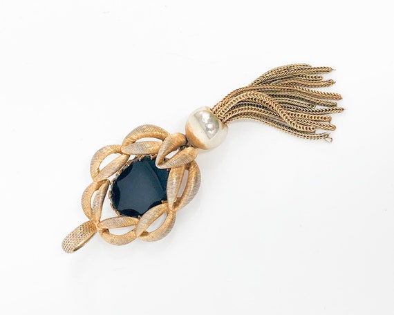 1960s Gold & Black Pendant | 60s Brushed Gold Pen… - image 3