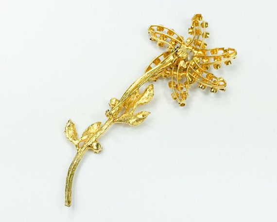 1960s Gold Rhinestone Flower Brooch | 60s Bronze … - image 5