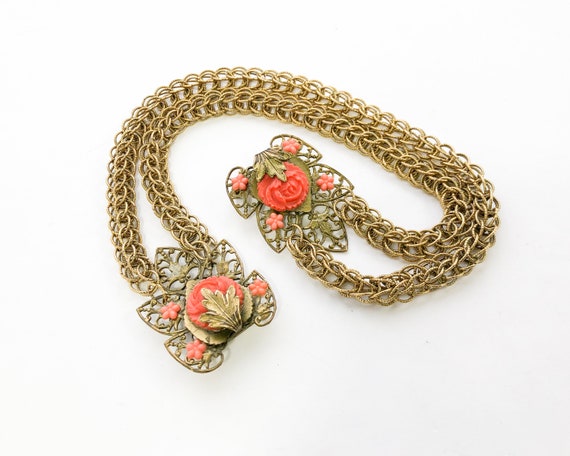 1940s Gold Chain Sweater Guard | 40s Gold Flower S
