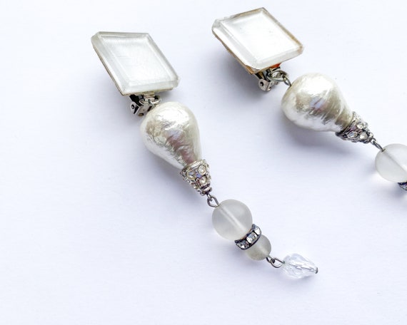 1980s Long Glass Dangle Earrings | 80s Pearl & Gl… - image 4