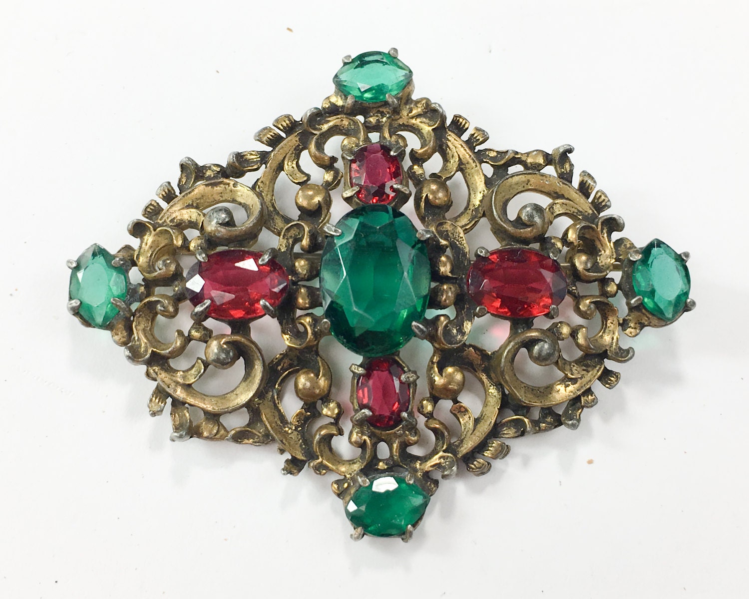 1920s Brass Filigree Brooch 20s Green & Red Glass Stone - Etsy